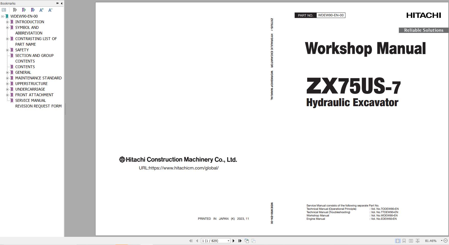 Hitachi ZX75US7 Excavator Parts Operation Technical Manual PDF