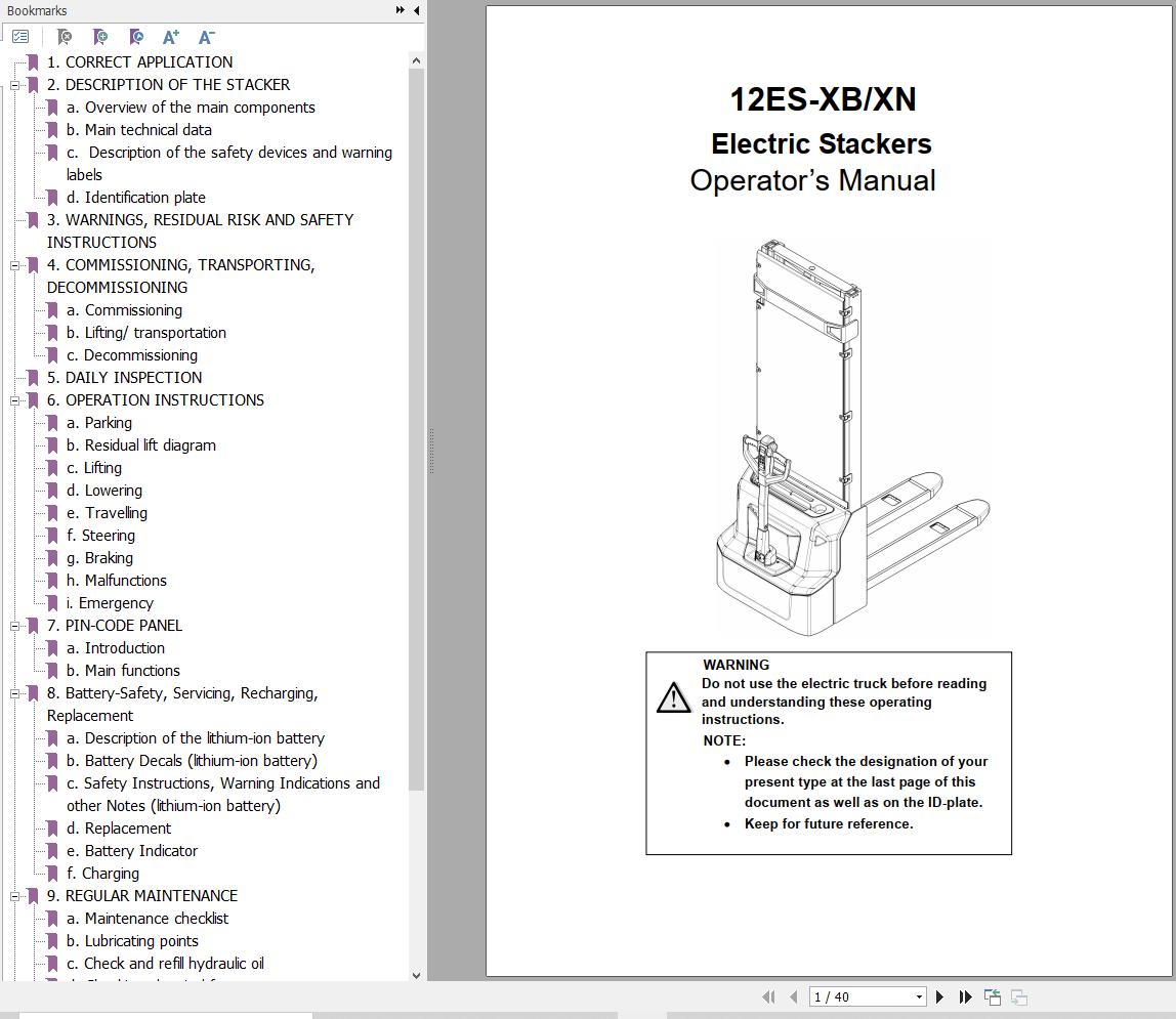 Hyundai 12ESXB 12ESXN Electric Stackers Operator Manual PDF