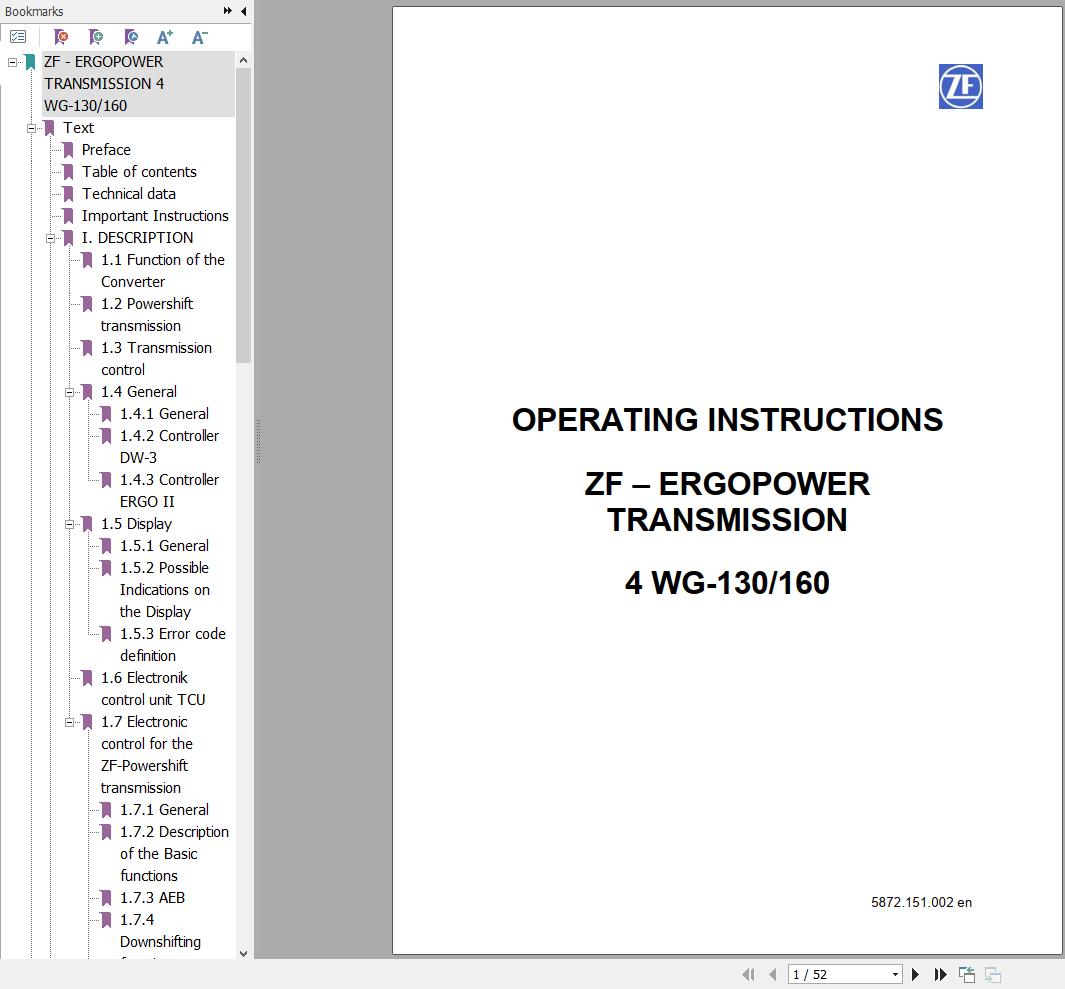 ZF 4 WG130 4 WG160 Transmission Operating Instructions 5872.151.002
