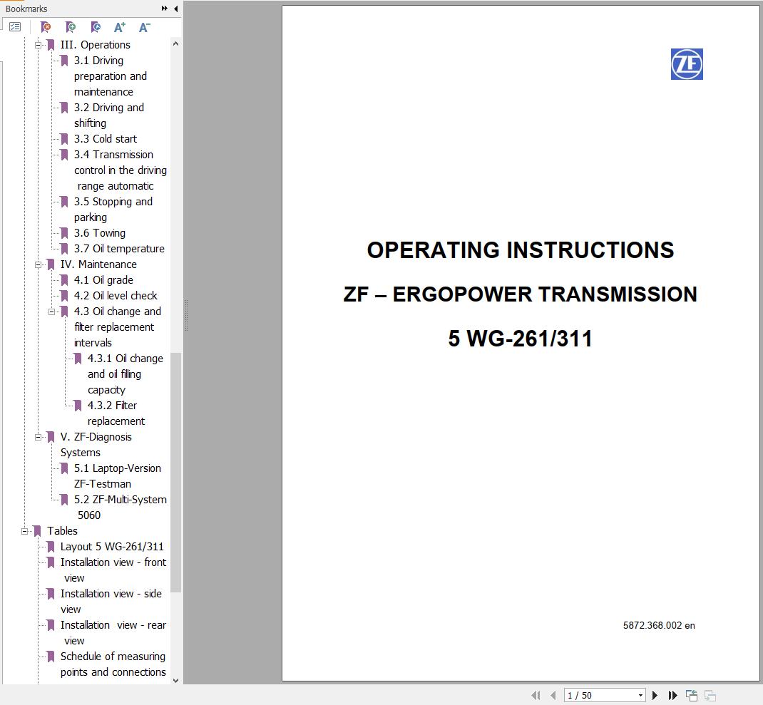 ZF 5 WG261 5 WG311 Transmission Operating Instructions 5872.368.002