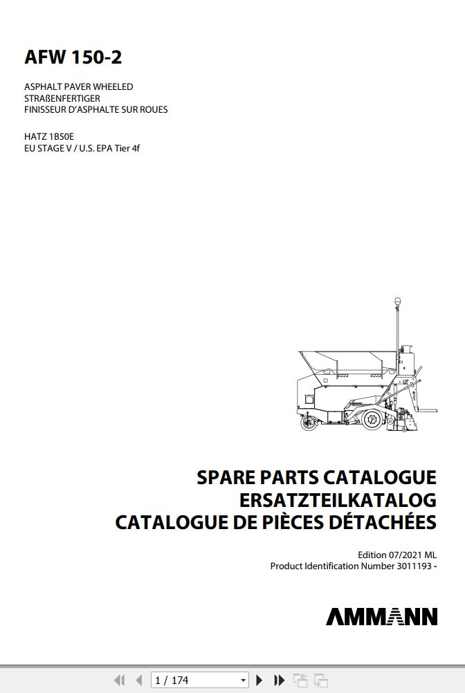 Ammann AFW 1502 Asphalt Paver Parts Catalog 4P07000ML 07.2021 PDF