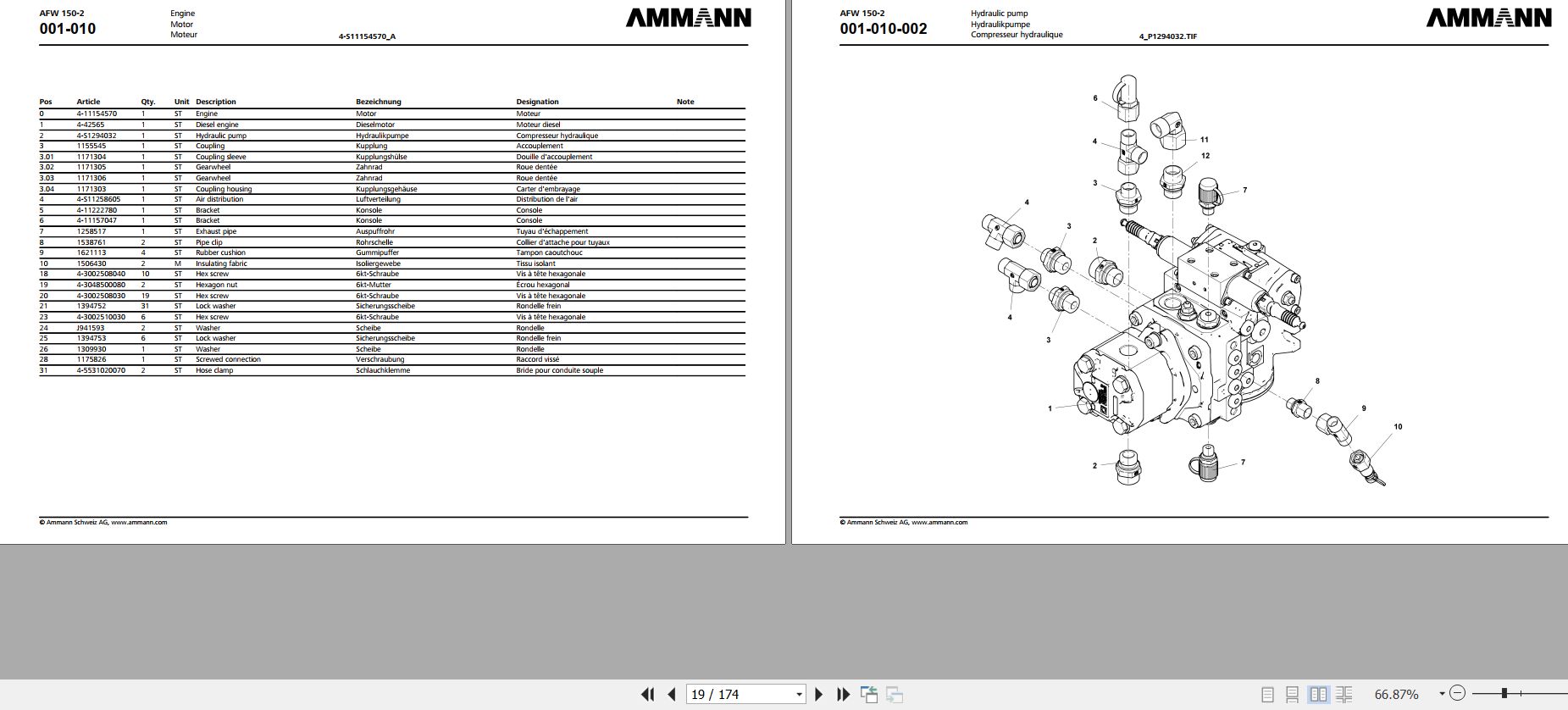 Ammann AFW 1502 Asphalt Paver Parts Catalog 4P07000ML 07.2021 PDF