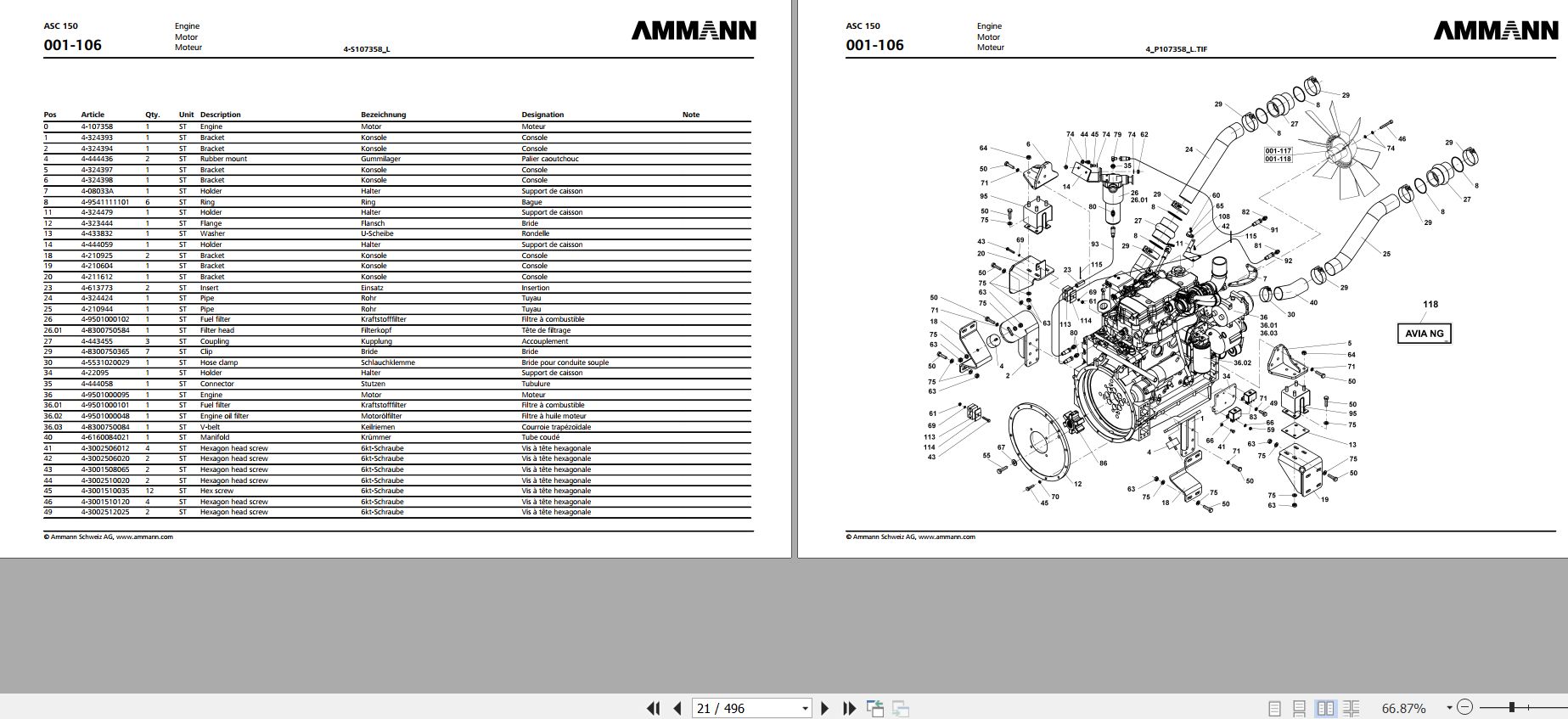 Ammann ASC150 QSB4.5C160 Tier 3 Roller Parts Manual 01.2021 PDF