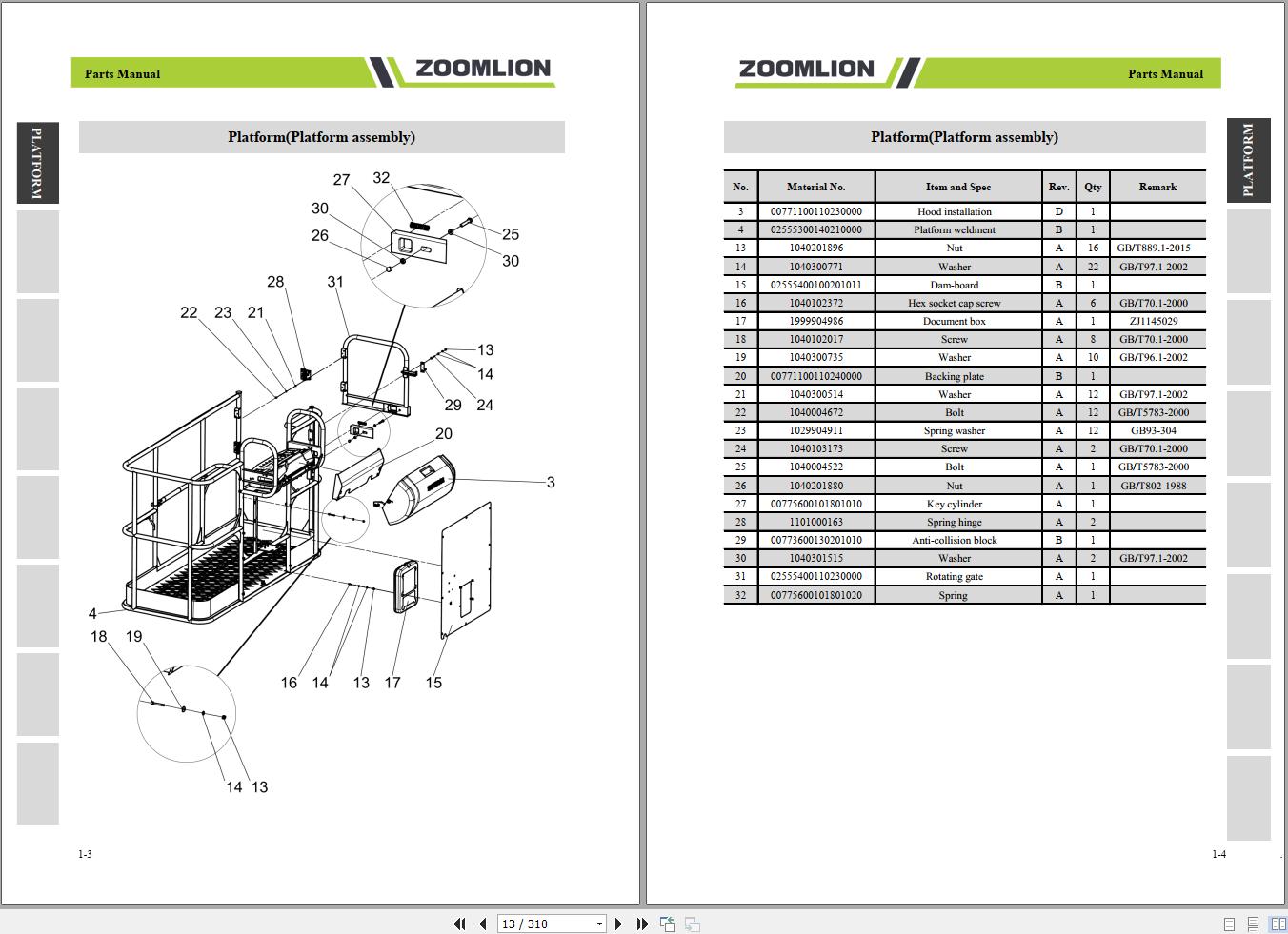Zoomlion ZT18JEV Li Telescopic Boom Lifts Part Catalog PDF