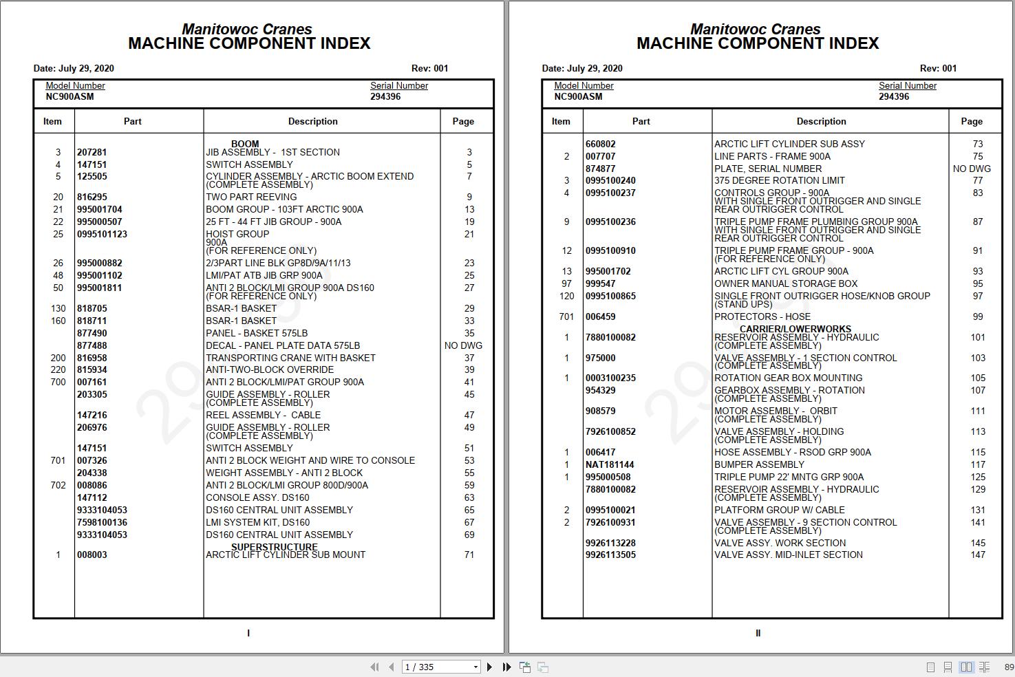 Manitowoc NC900ASM National Cranes Parts Catalog 294396 PDF
