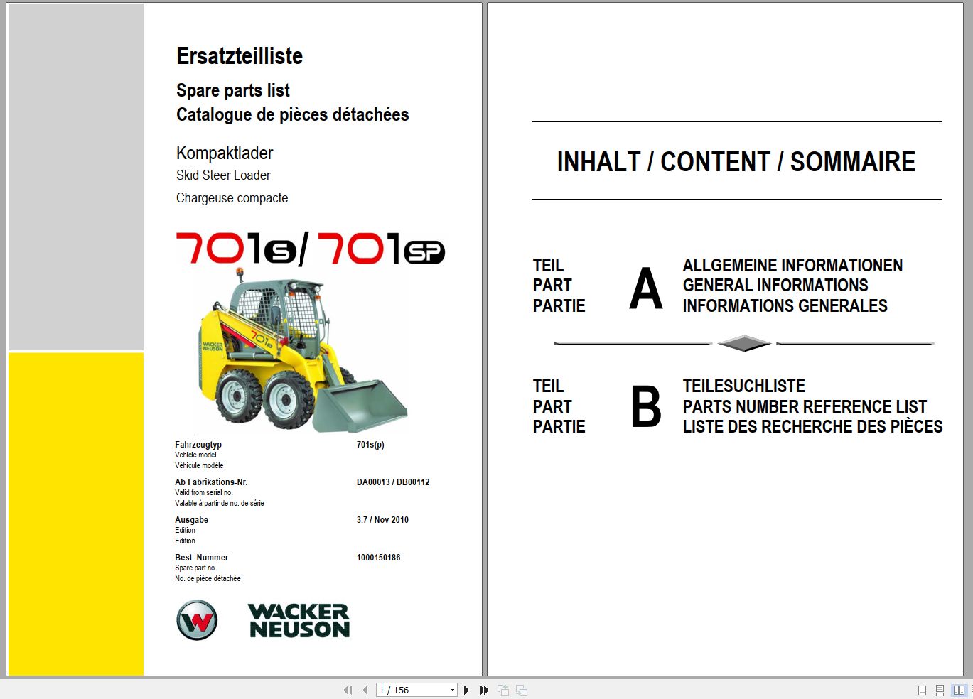 Wacker Neuson 701S 701SP Parts Catalog 1000150186 PDF