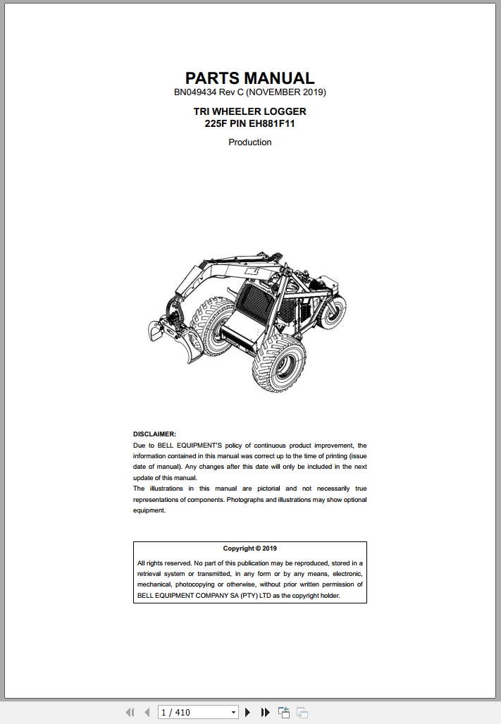 Bell 9241 User Guide.pdf Bell 225F Triple Wheeler Logger Parts Manual BN049434 2019 PDF