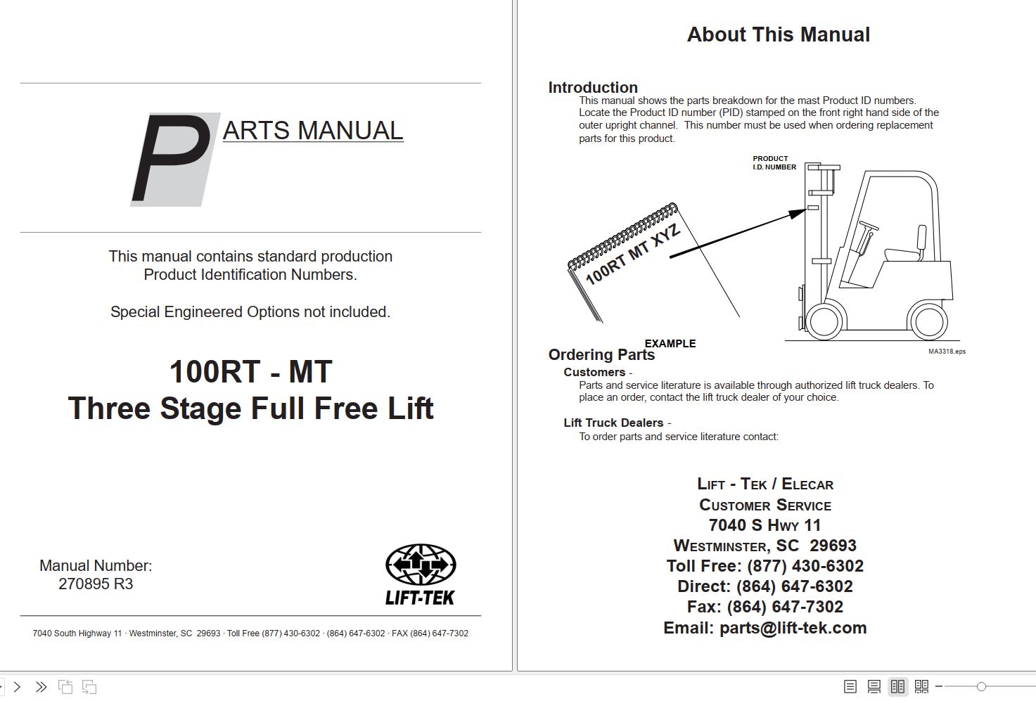 LiftTek 100RTMT Three Stage Full Free Lift Parts Catalog 270895R3 PDF