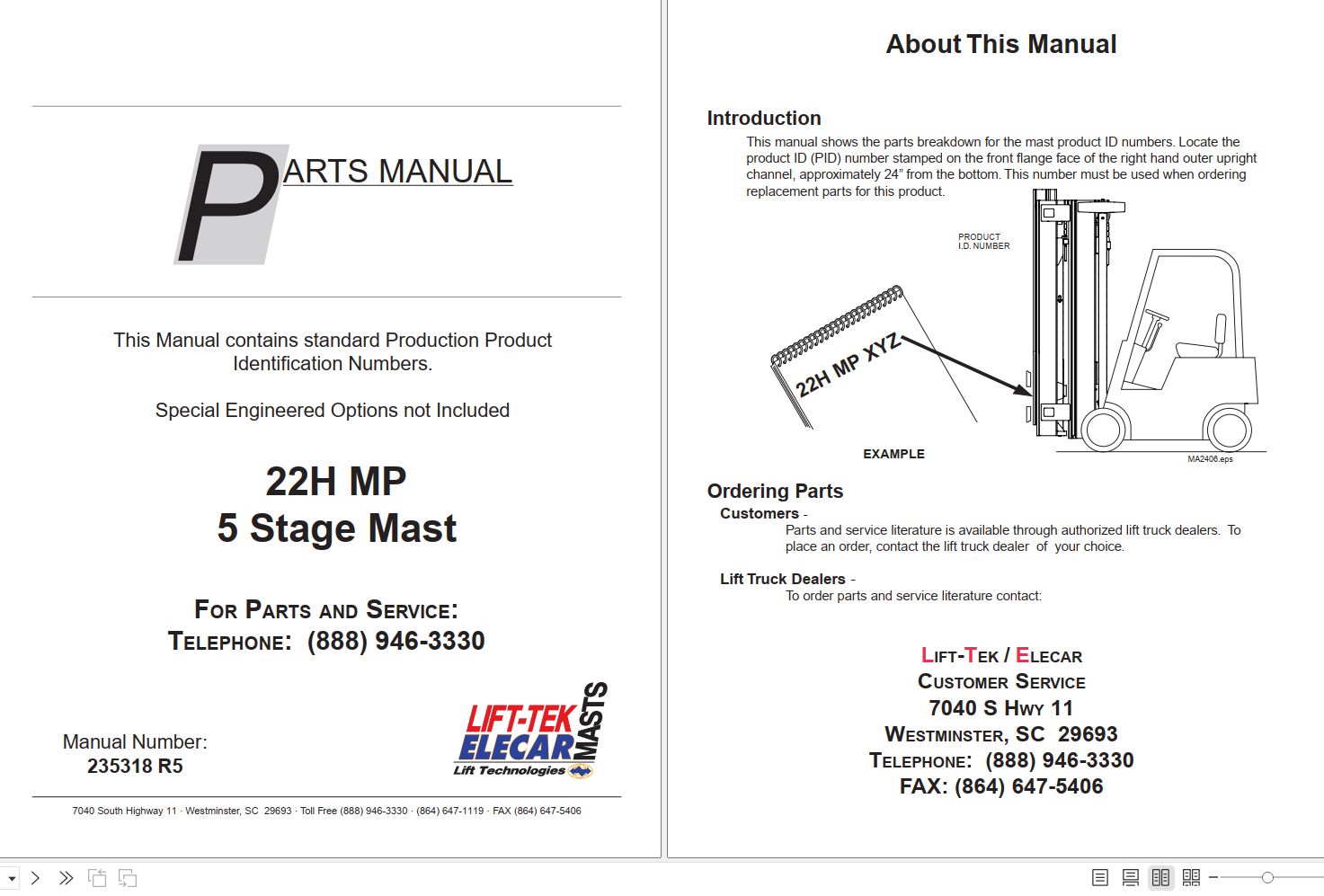 LiftTek 22HMP Five Stage Mast Parts Catalog 235318R5 PDF