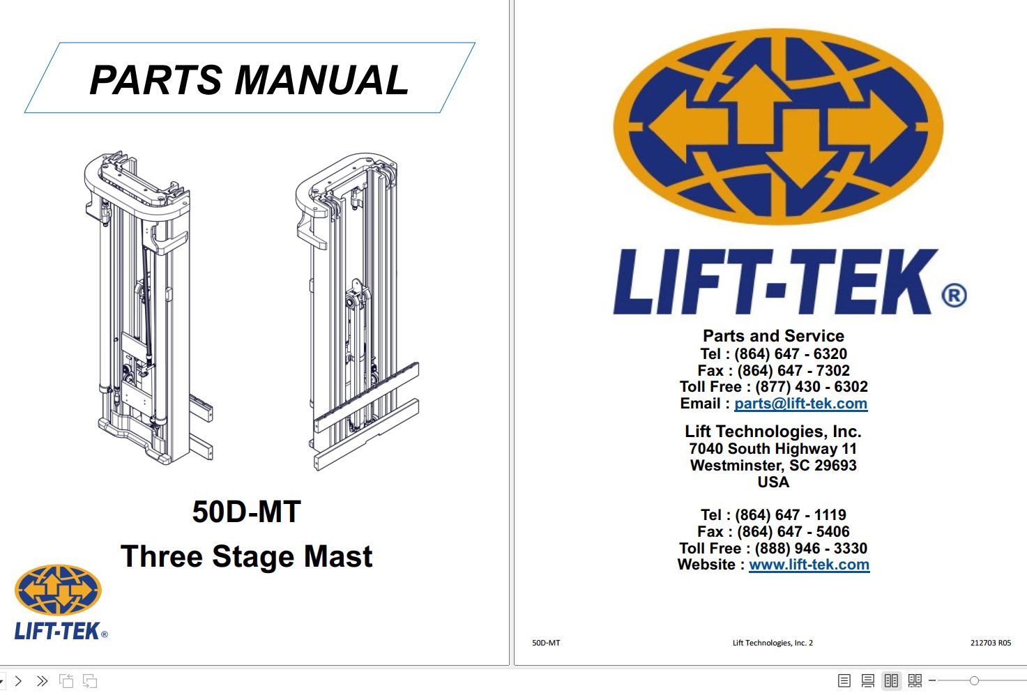 LiftTek 50DMT Three Stage Mast Parts Catalog 212703R05 PDF