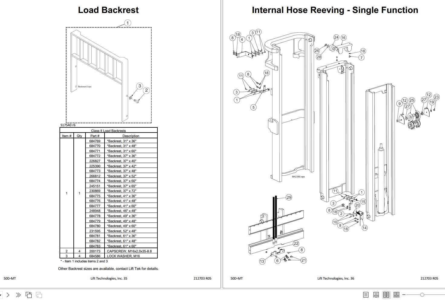 LiftTek 50DMT Three Stage Mast Parts Catalog 212703R05 PDF