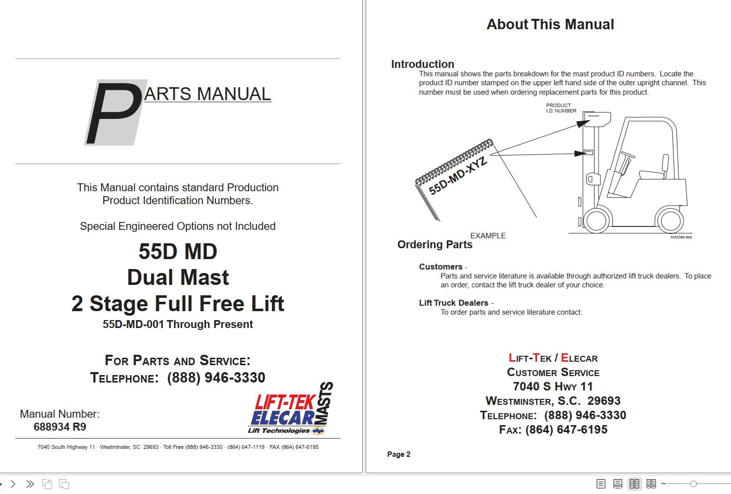 LiftTek 55DMD Dual Mast 2 Stage Full Free Lift Parts Catalog 688934R9 PDF