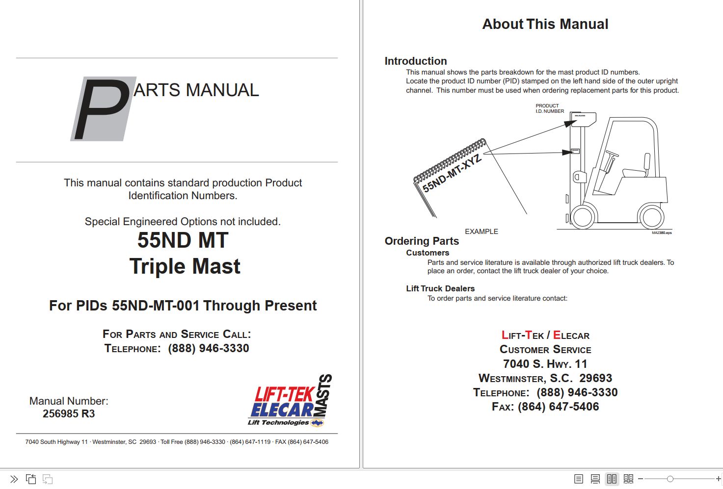 LiftTek 55NDMT Triple Mast Parts Catalog 256985R3 PDF