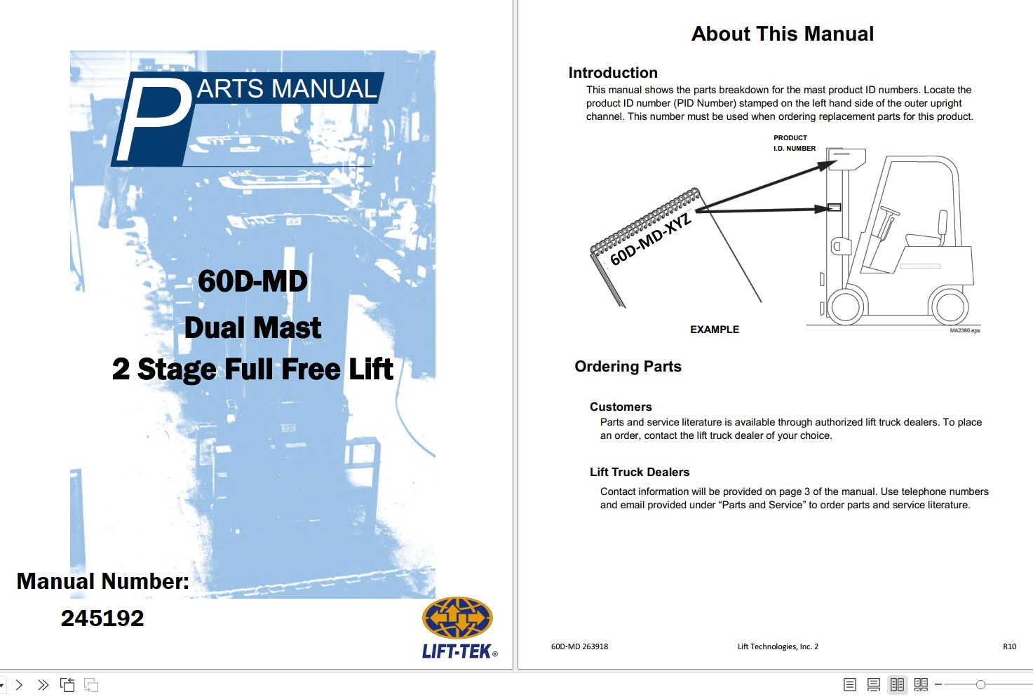 LiftTek 60DMD Dual Mast 2 stage Full Free Lift Parts Catalog 245192 PDF