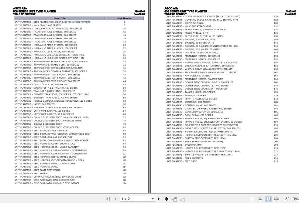 AGCO Allis 600 Series Unit Type Planter Parts Catalog 79001645 PDF