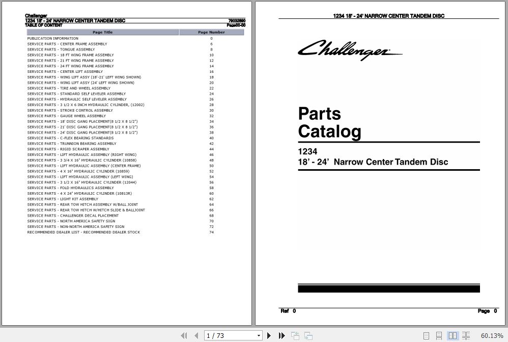 Challenger Disc 1234 18' 24' Narrow Center Tandem Parts Catalog