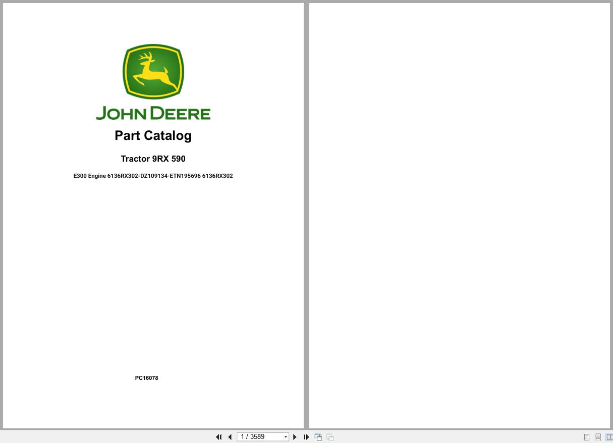 John Deere 9RX 590 E300 Engine Tractor Parts Catalog PC16078 PDF