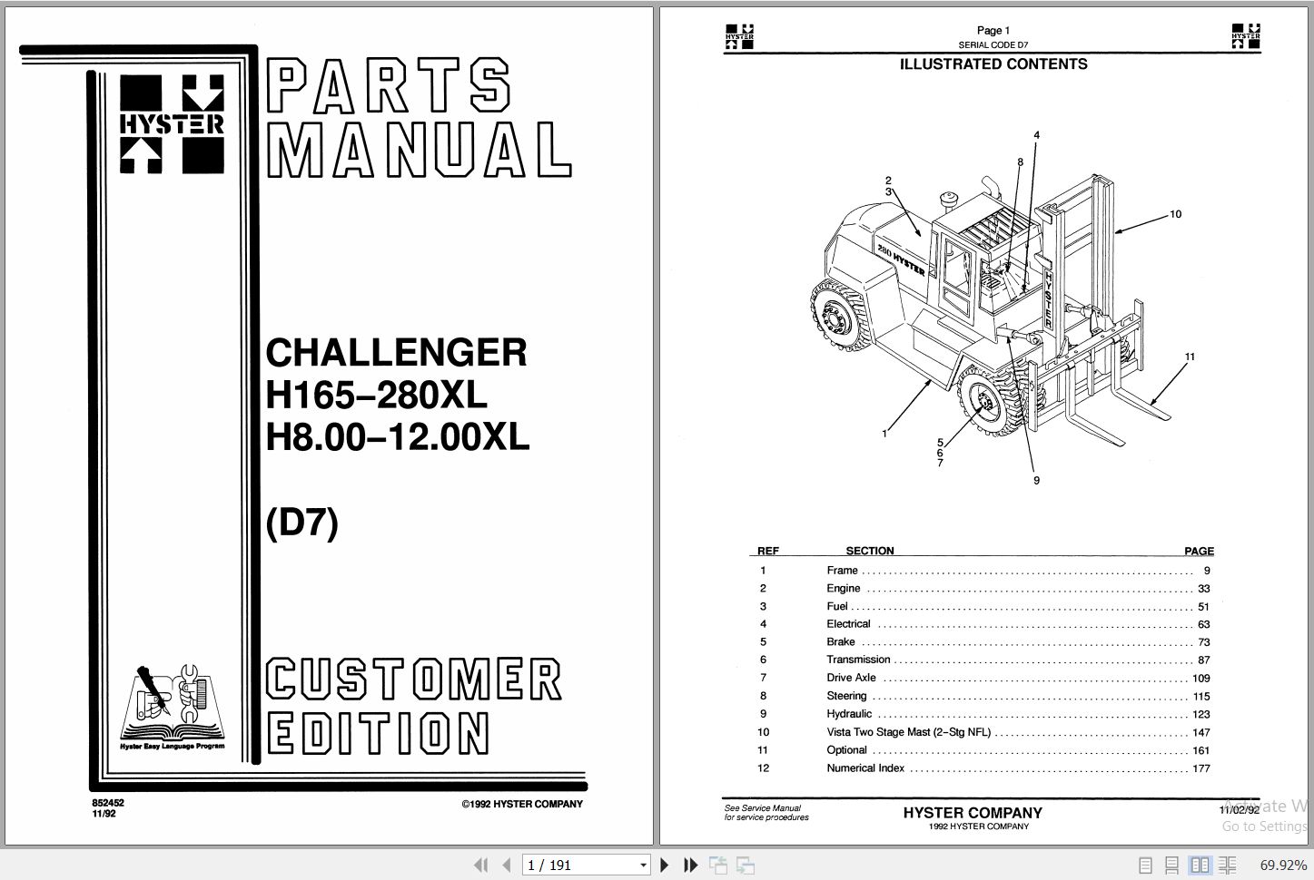 Hyster Challenger H165280XL H8.0012.00XL D7 Forklift Parts Catalog