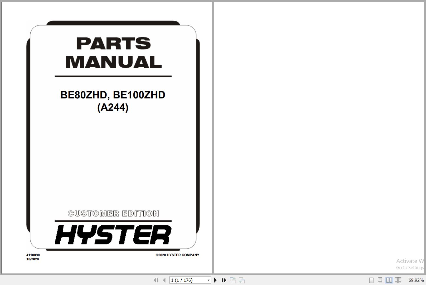 Hyster BE80ZHD BE100ZHD A244 Forklift Parts Catalog 4110890 2020 PDF