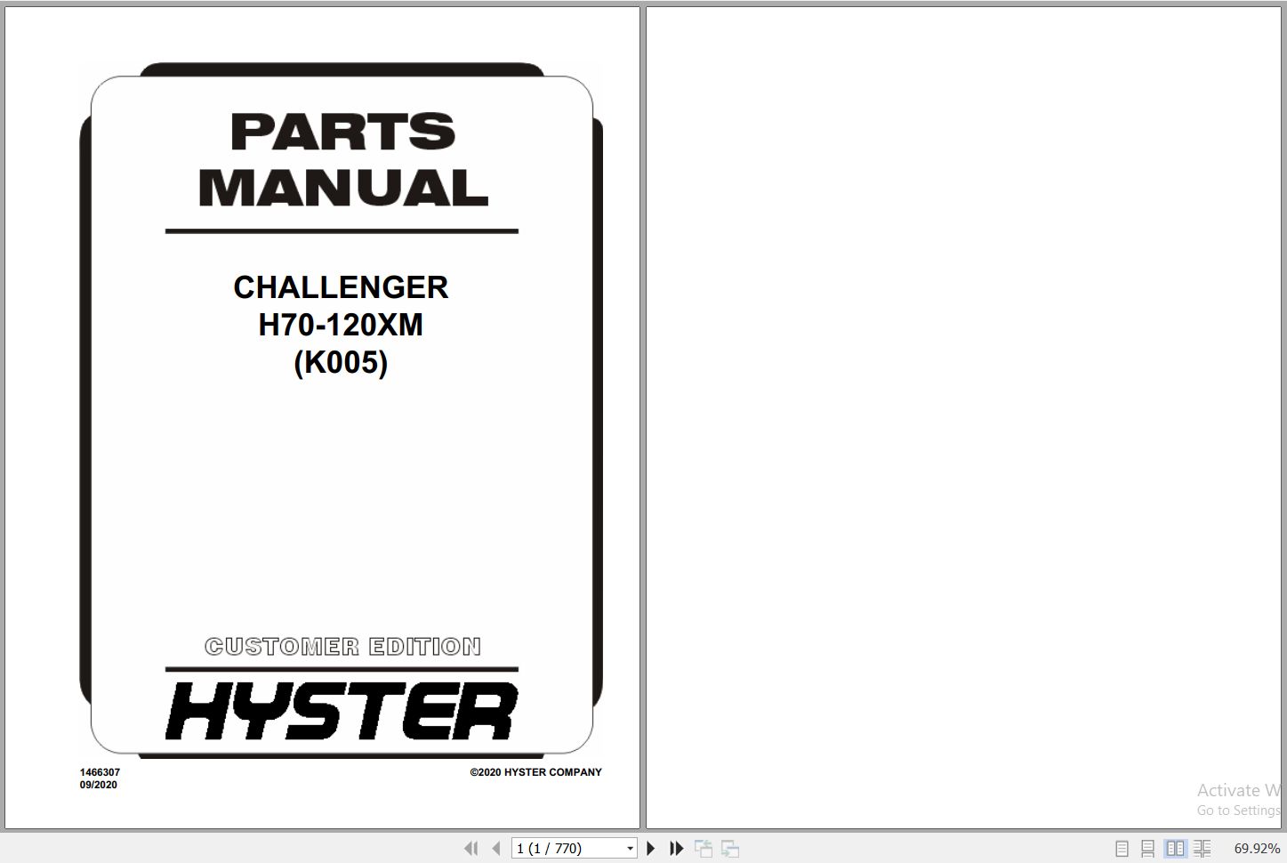 Hyster Challenger H70120XM K005 Forklift Parts Catalog 1466307 2020 PDF