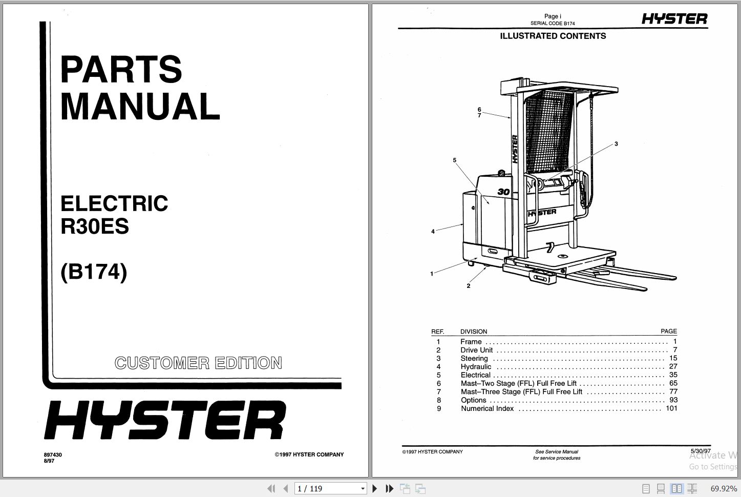 Hyster ELECTRIC R30ES Bl74 Forklift Parts Catalog 897430 1997 PDF