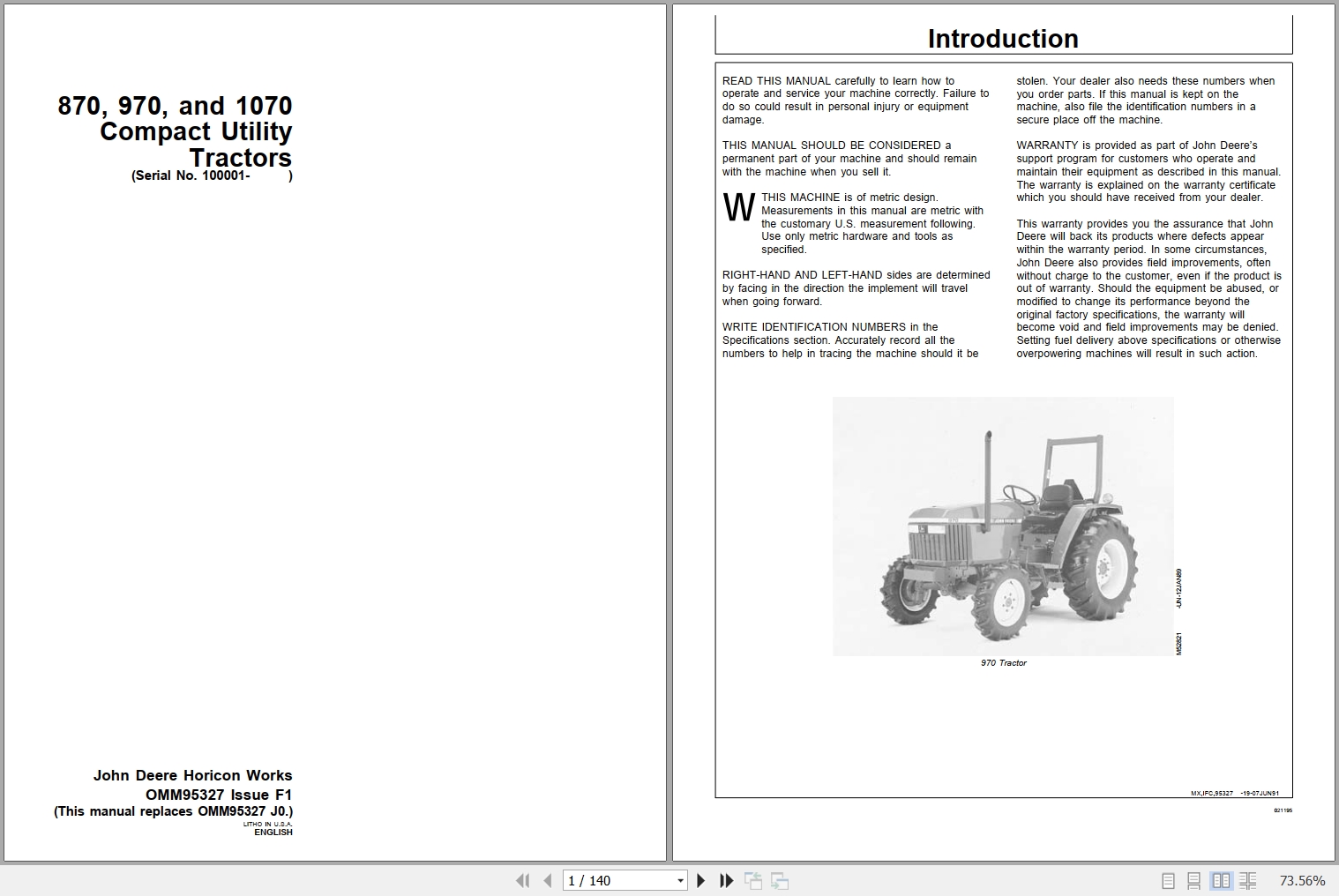 John Deere 870 970 1070 Tractors Operation Manual OMM95327 J0 PDF