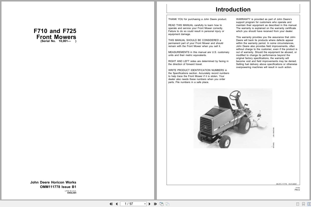 John Deere F710 F725 Front Mower Operators Manual OMM111778 PDF