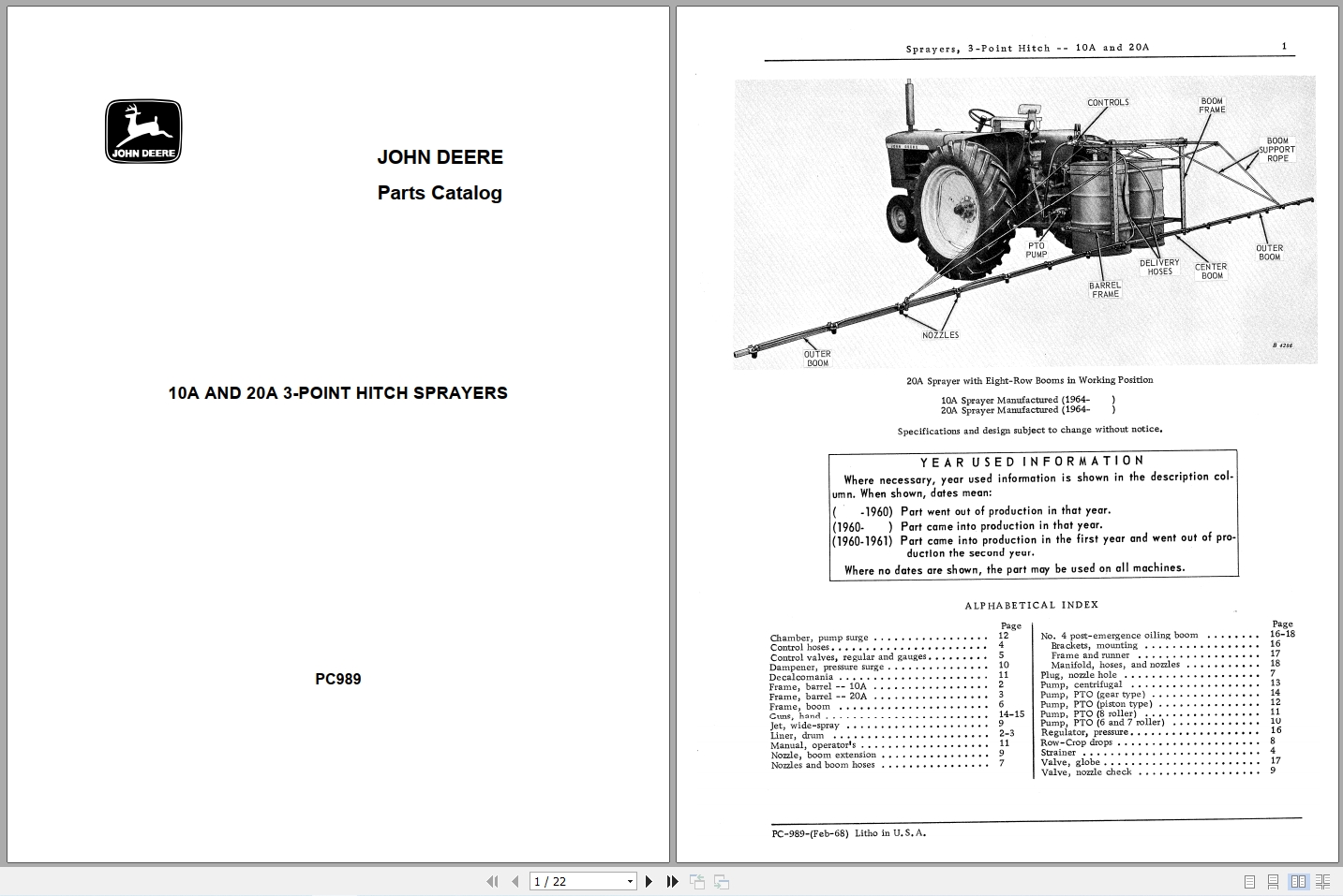 John Deere 10A 20A 3Point Hitch Sprayers Parts Catalog PC0989 PDF