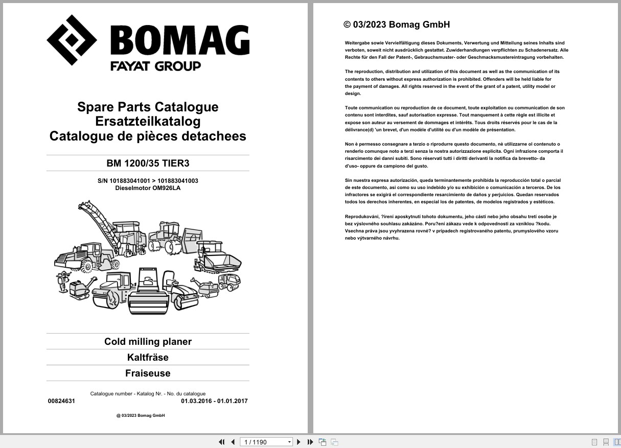 Bomag BM 1200-35 TIER3 Cold Milling Planer Parts Manual 2016-2017 PDF